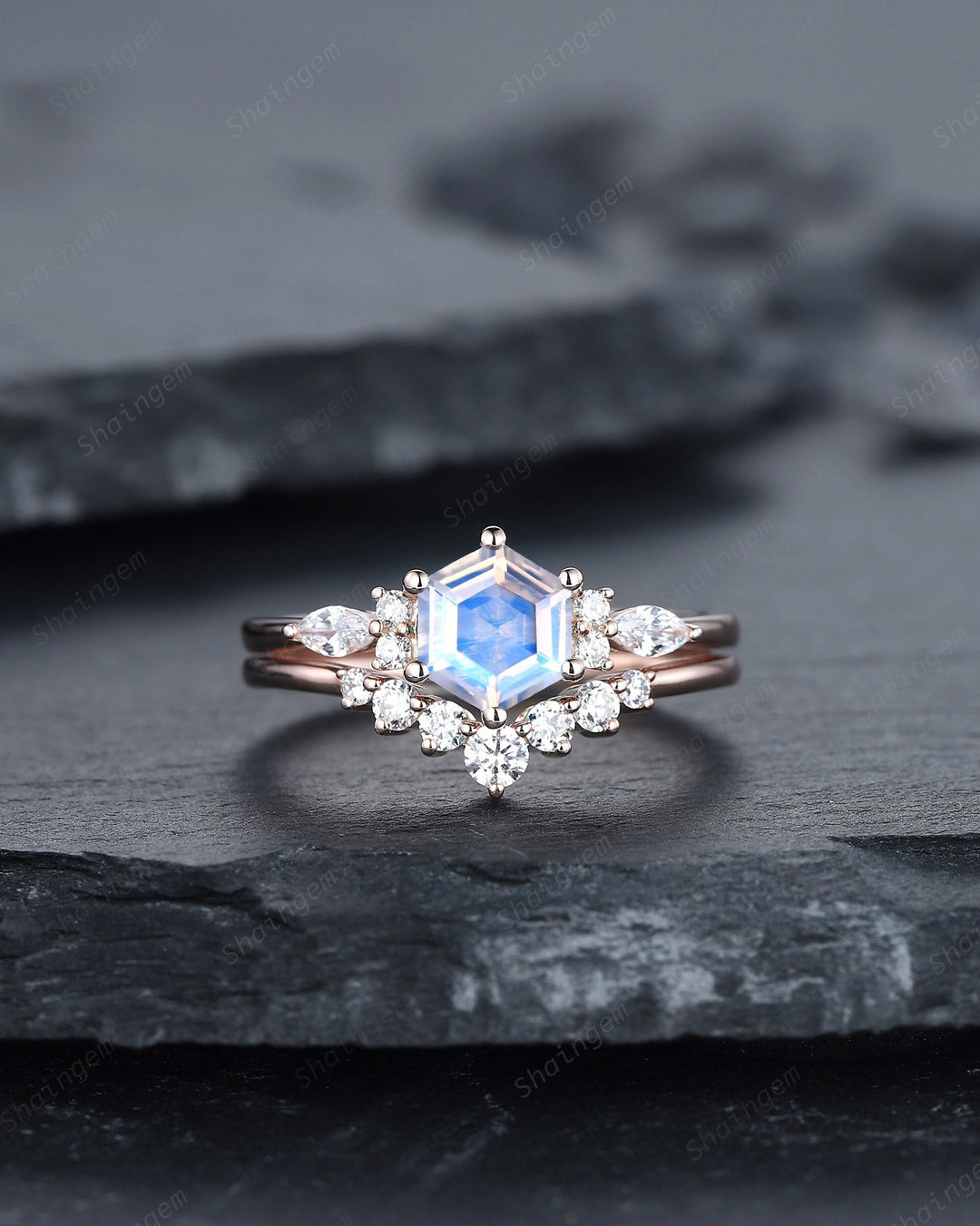 Unique Hexagon Natural Moonstone Engagement Ring Set, Vintage Blue Moonstone Wedding Ring, 14K Rose Gold Promise Ring, Art Deco Bridal Ring - ShainJewelry