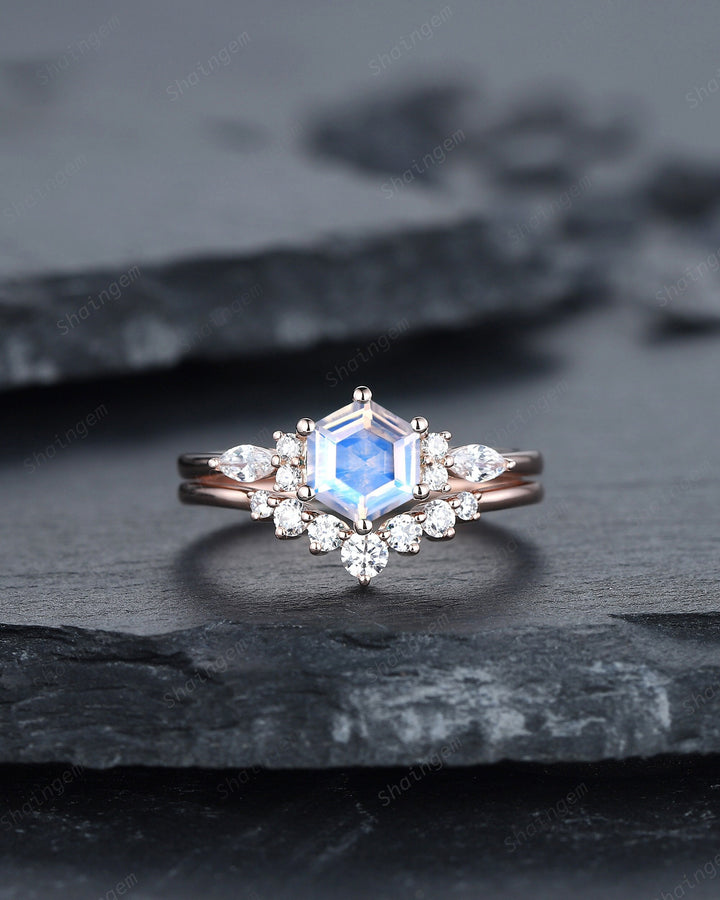 Unique Hexagon Natural Moonstone Engagement Ring Set, Vintage Blue Moonstone Wedding Ring, 14K Rose Gold Promise Ring, Art Deco Bridal Ring - ShainJewelry