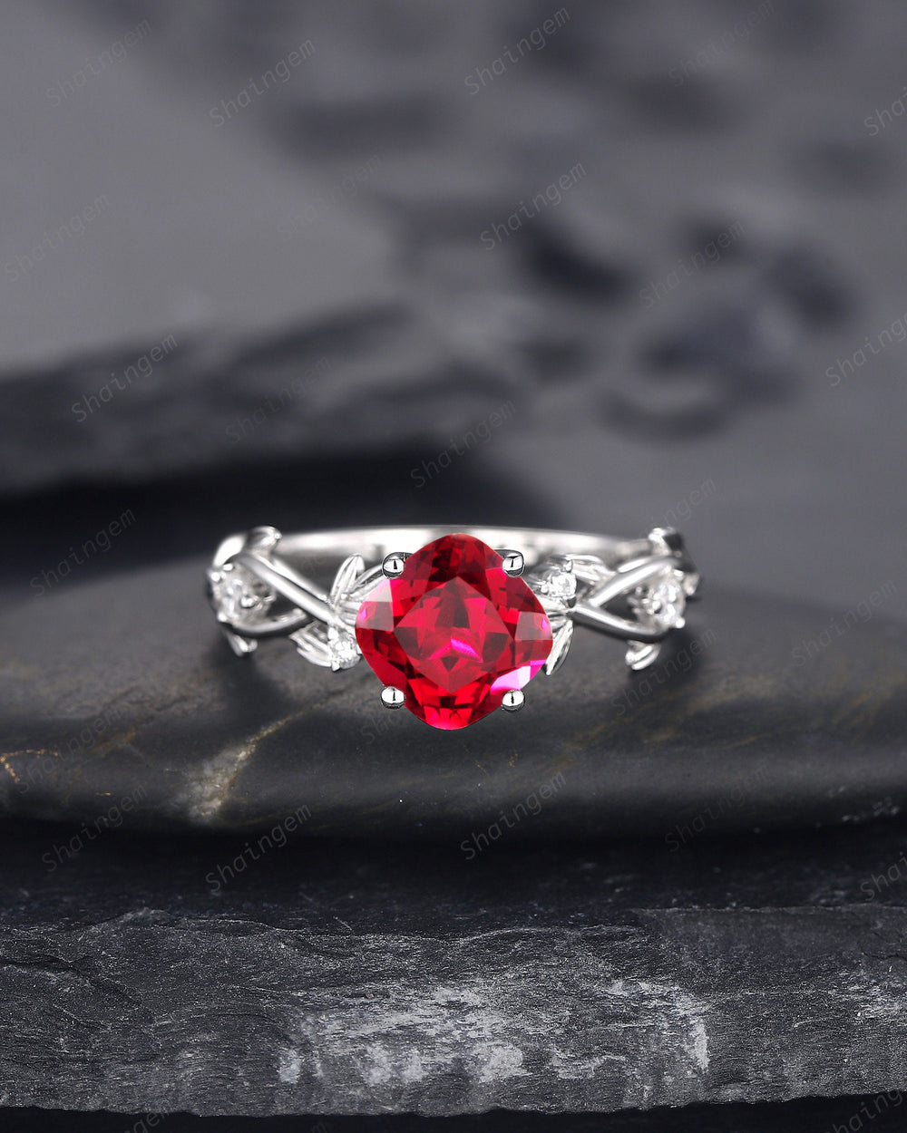 Vintage Cushion Cut Ruby Wedding Ring, Unique Twig Leaf White Gold Ruby Engagement Promise Ring, Red Ruby Anniversary Ring Gift for Women - ShainJewelry