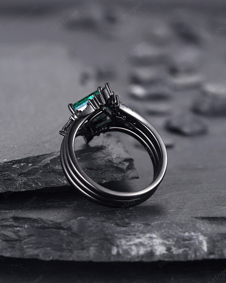 3PCS Vintage Princess Cut Emerald Black Engagement Ring Set, Gothic Black Rhodium Emerald Bridal Set, Black Promise Ring, Black Wedding Ring - ShainJewelry