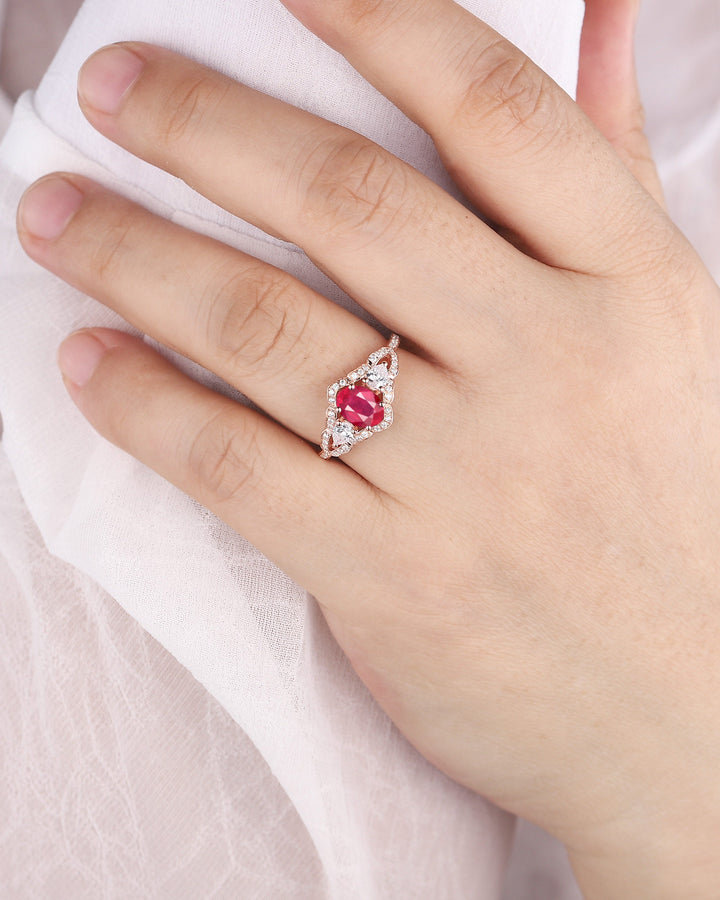 Vintage Oval Shape Natural African Ruby Halo Engagement Ring, Unique 14K Rose Gold Cluster Moissanite Wedding Ring, Ruby Promise Ring Gift - ShainJewelry