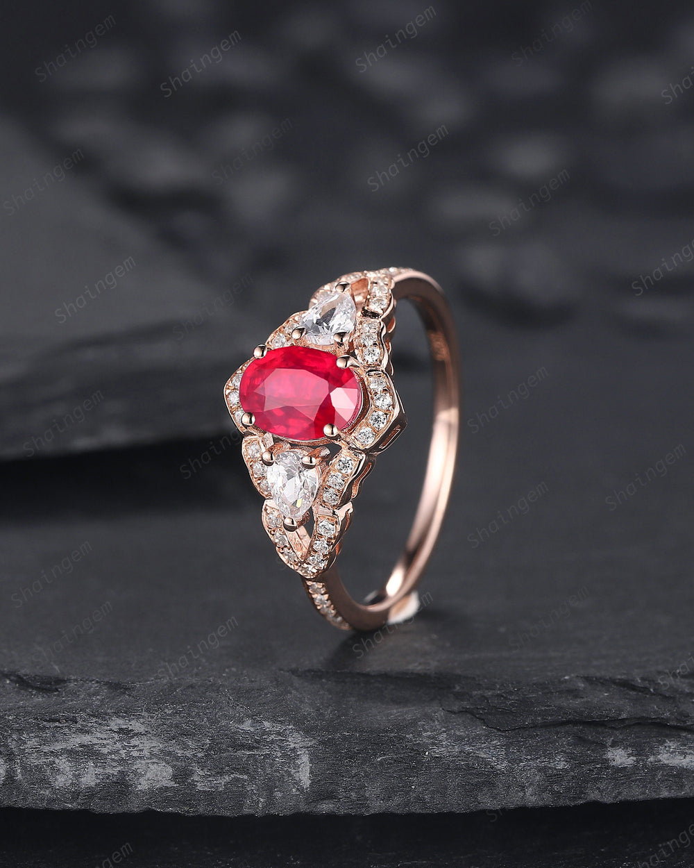 Vintage Oval Shape Natural African Ruby Halo Engagement Ring, Unique 14K Rose Gold Cluster Moissanite Wedding Ring, Ruby Promise Ring Gift - ShainJewelry