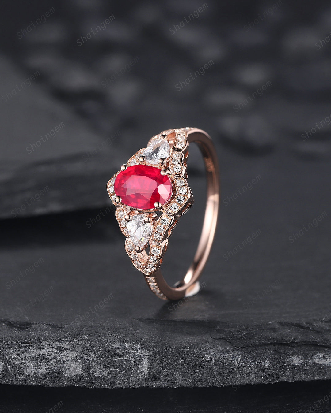 Vintage Oval Shape Natural African Ruby Halo Engagement Ring, Unique 14K Rose Gold Cluster Moissanite Wedding Ring, Ruby Promise Ring Gift - ShainJewelry
