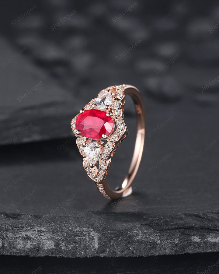 Vintage Oval Shape Natural African Ruby Halo Engagement Ring, Unique 14K Rose Gold Cluster Moissanite Wedding Ring, Ruby Promise Ring Gift - ShainJewelry