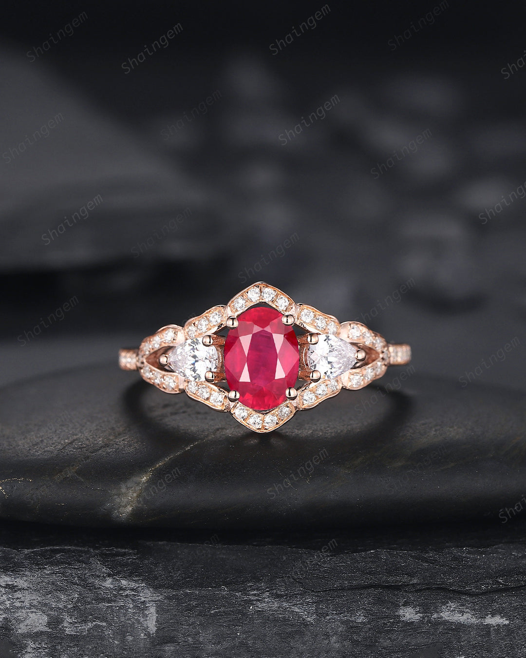 Vintage Oval Shape Natural African Ruby Halo Engagement Ring, Unique 14K Rose Gold Cluster Moissanite Wedding Ring, Ruby Promise Ring Gift - ShainJewelry
