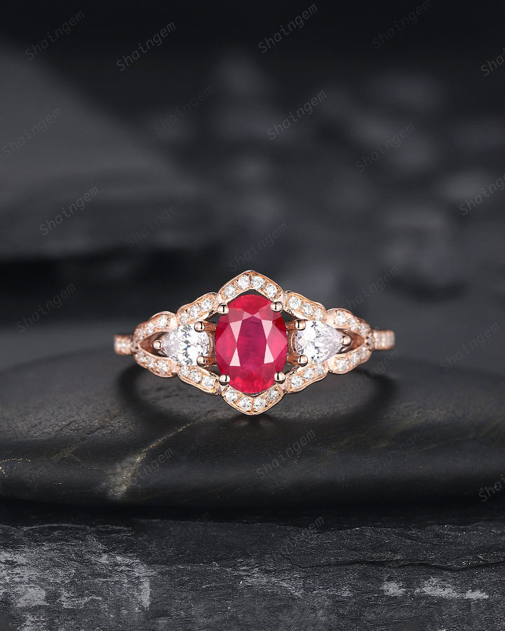 Vintage Oval Shape Natural African Ruby Halo Engagement Ring, Unique 14K Rose Gold Cluster Moissanite Wedding Ring, Ruby Promise Ring Gift - ShainJewelry