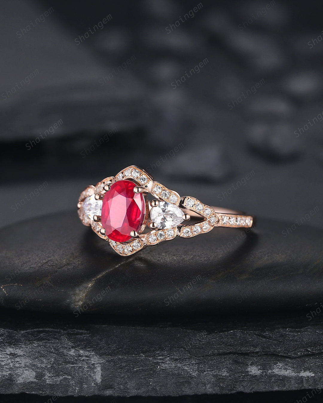 Vintage Oval Shape Natural African Ruby Halo Engagement Ring, Unique 14K Rose Gold Cluster Moissanite Wedding Ring, Ruby Promise Ring Gift - ShainJewelry