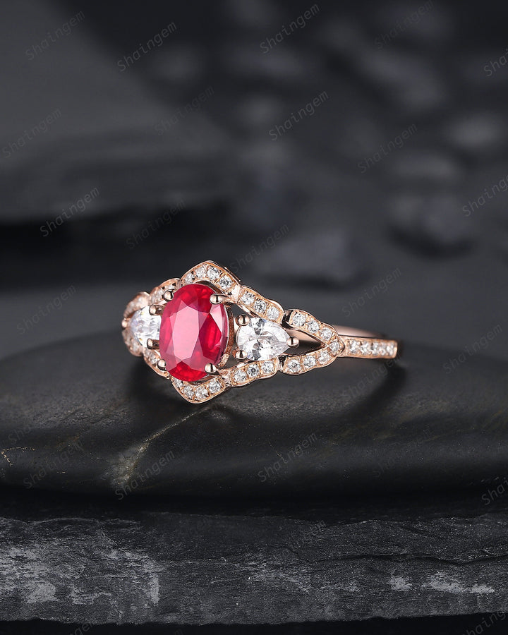 Vintage Oval Shape Natural African Ruby Halo Engagement Ring, Unique 14K Rose Gold Cluster Moissanite Wedding Ring, Ruby Promise Ring Gift - ShainJewelry