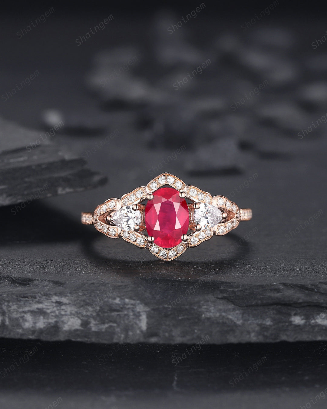 Vintage Oval Shape Natural African Ruby Halo Engagement Ring, Unique 14K Rose Gold Cluster Moissanite Wedding Ring, Ruby Promise Ring Gift - ShainJewelry