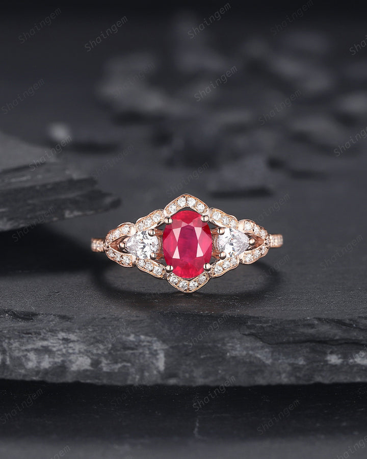 Vintage Oval Shape Natural African Ruby Halo Engagement Ring, Unique 14K Rose Gold Cluster Moissanite Wedding Ring, Ruby Promise Ring Gift - ShainJewelry