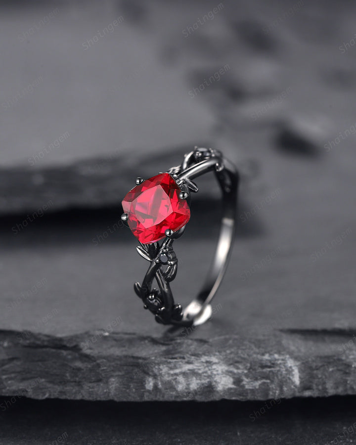 Black Gold Cushion Cut Ruby Engagement Ring, Rhodium Black Leaf Bridal Ring, Witchy Black Promise Ring, Gothic Black Twig Wedding Ring Gift - ShainJewelry