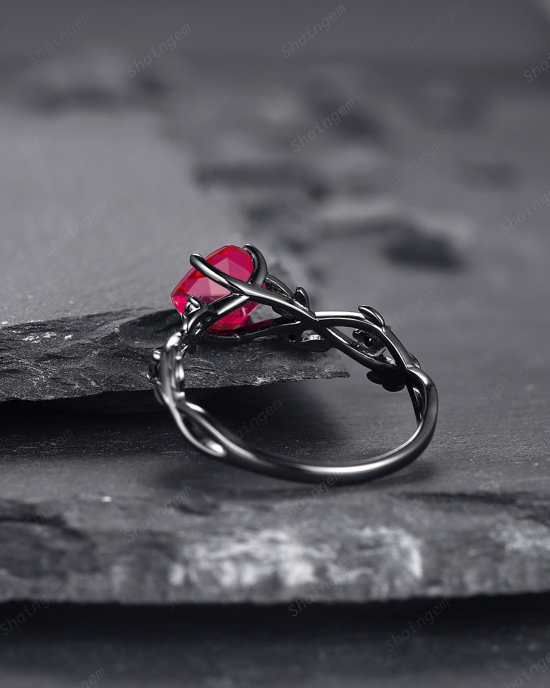 Black Gold Cushion Cut Ruby Engagement Ring, Rhodium Black Leaf Bridal Ring, Witchy Black Promise Ring, Gothic Black Twig Wedding Ring Gift - ShainJewelry
