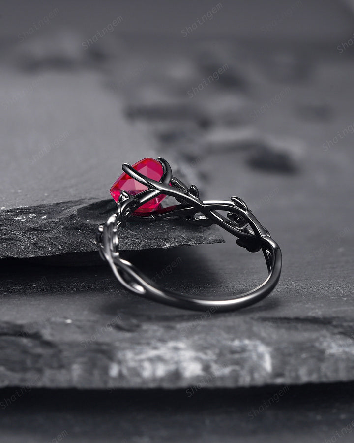 Black Gold Cushion Cut Ruby Engagement Ring, Rhodium Black Leaf Bridal Ring, Witchy Black Promise Ring, Gothic Black Twig Wedding Ring Gift - ShainJewelry