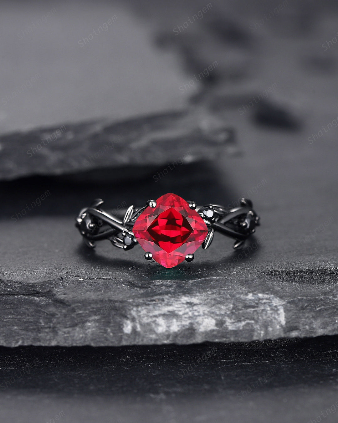 Black Gold Cushion Cut Ruby Engagement Ring, Rhodium Black Leaf Bridal Ring, Witchy Black Promise Ring, Gothic Black Twig Wedding Ring Gift - ShainJewelry