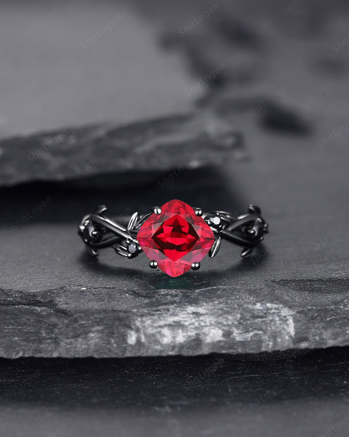 Black Gold Cushion Cut Ruby Engagement Ring, Rhodium Black Leaf Bridal Ring, Witchy Black Promise Ring, Gothic Black Twig Wedding Ring Gift - ShainJewelry