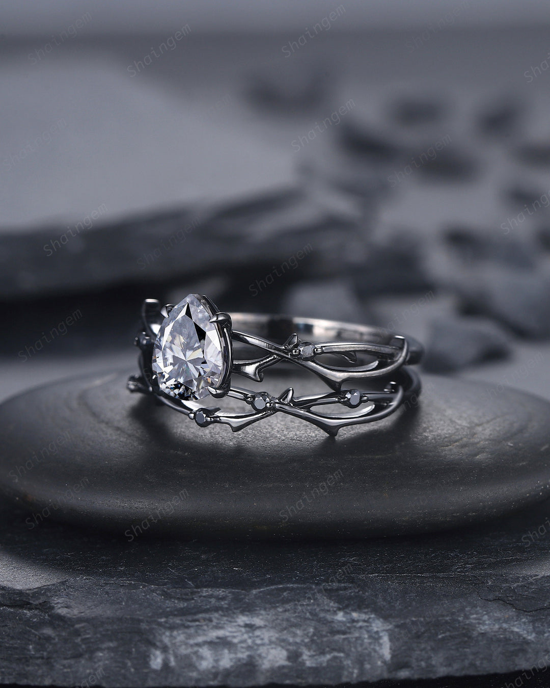 Rhodium Black Pear Shape Gray Moissanite Engagement Ring Set, Black Gold Grey Moissanite Promise Ring, Twig Black Diamond Wedding Ring Set - ShainJewelry