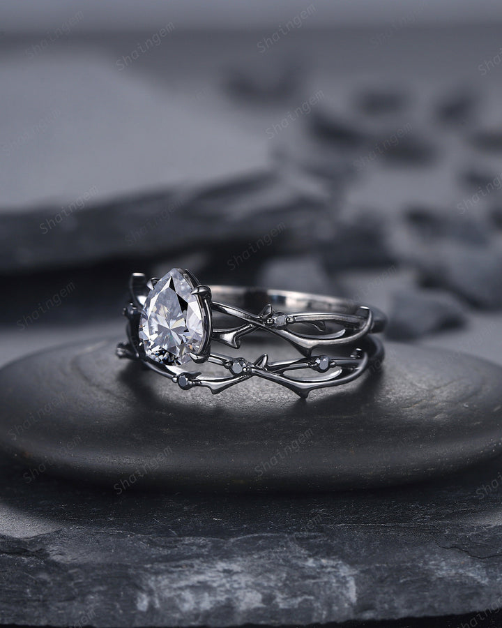 Rhodium Black Pear Shape Gray Moissanite Engagement Ring Set, Black Gold Grey Moissanite Promise Ring, Twig Black Diamond Wedding Ring Set - ShainJewelry