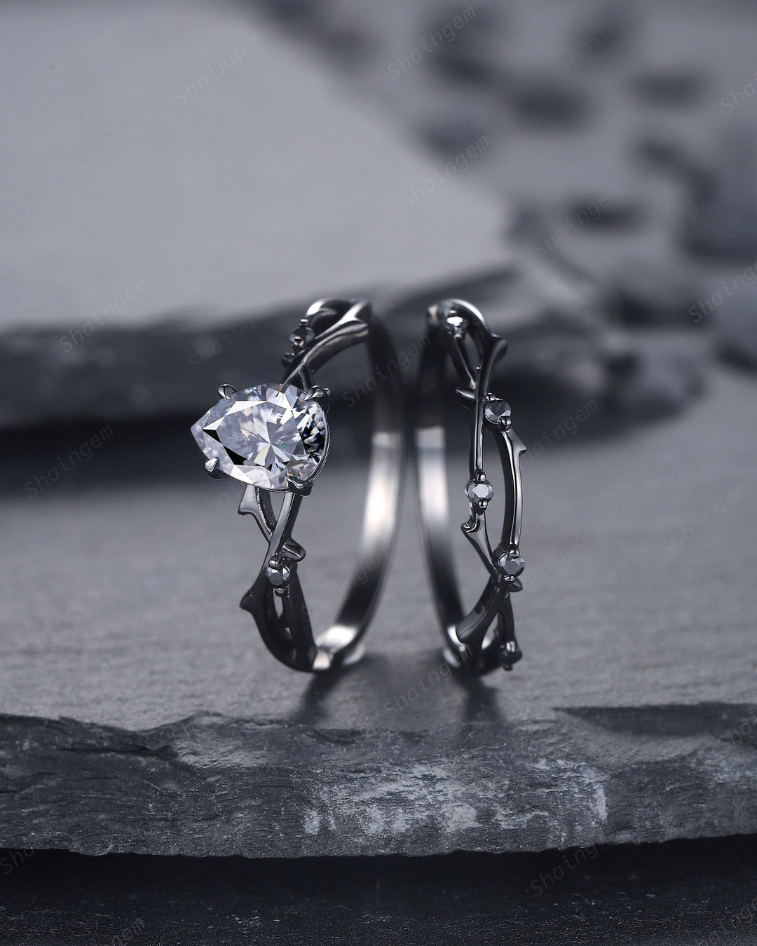 Rhodium Black Pear Shape Gray Moissanite Engagement Ring Set, Black Gold Grey Moissanite Promise Ring, Twig Black Diamond Wedding Ring Set - ShainJewelry