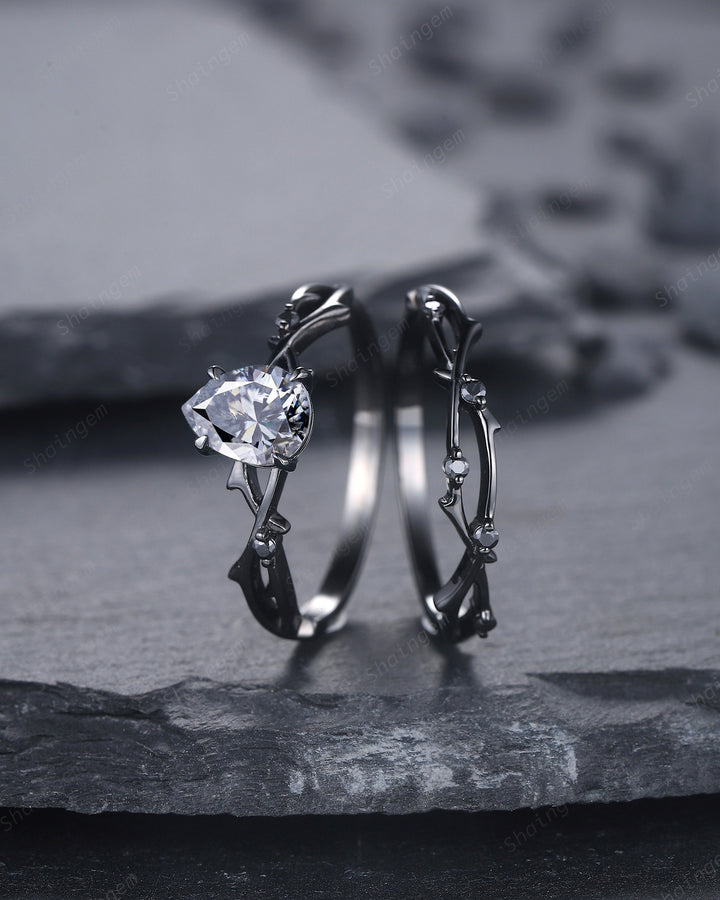Rhodium Black Pear Shape Gray Moissanite Engagement Ring Set, Black Gold Grey Moissanite Promise Ring, Twig Black Diamond Wedding Ring Set - ShainJewelry