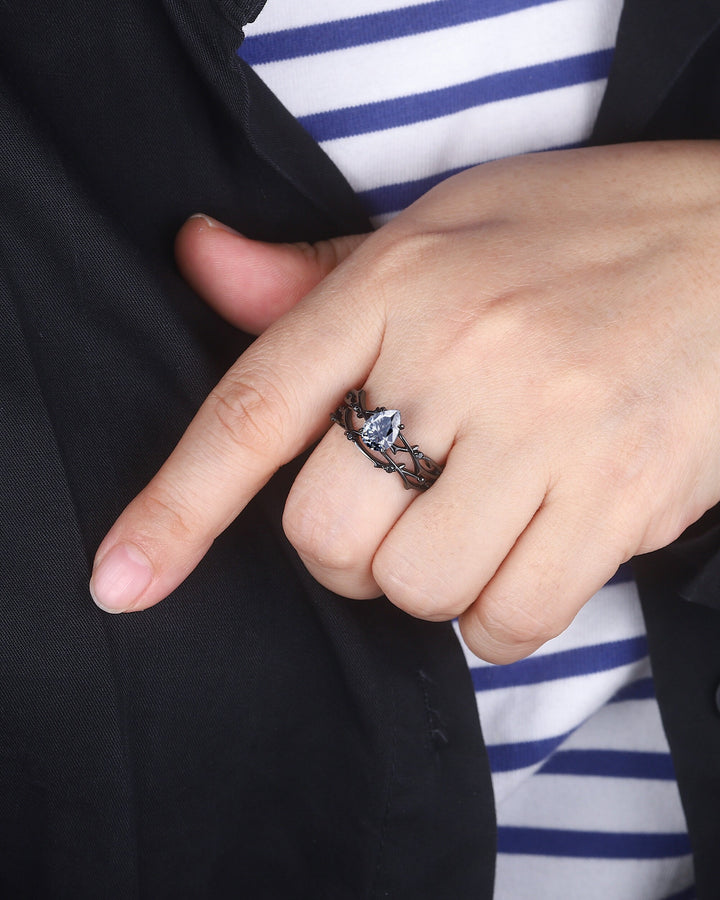 Rhodium Black Pear Shape Gray Moissanite Engagement Ring Set, Black Gold Grey Moissanite Promise Ring, Twig Black Diamond Wedding Ring Set - ShainJewelry
