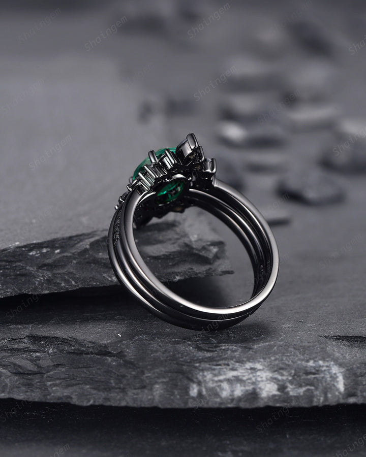 3PCS Oval Emerald Black Engagement Ring Set, Black Gold Finish Emerald Promise Ring Set, Vintage Rhodium Black Wedding Ring Gift for Her - ShainJewelry