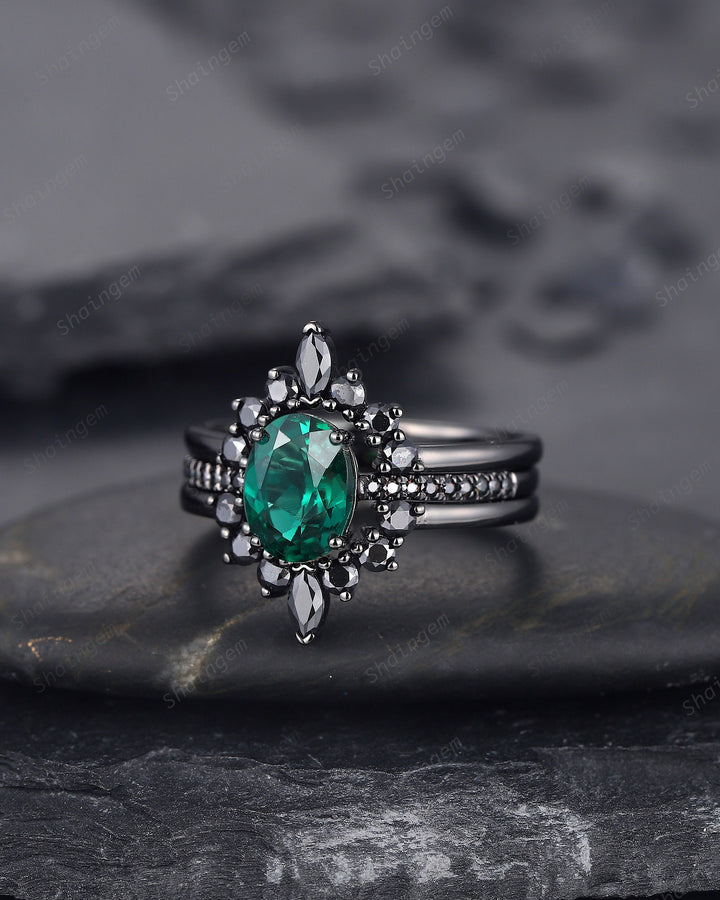 3PCS Oval Emerald Black Engagement Ring Set, Black Gold Finish Emerald Promise Ring Set, Vintage Rhodium Black Wedding Ring Gift for Her - ShainJewelry