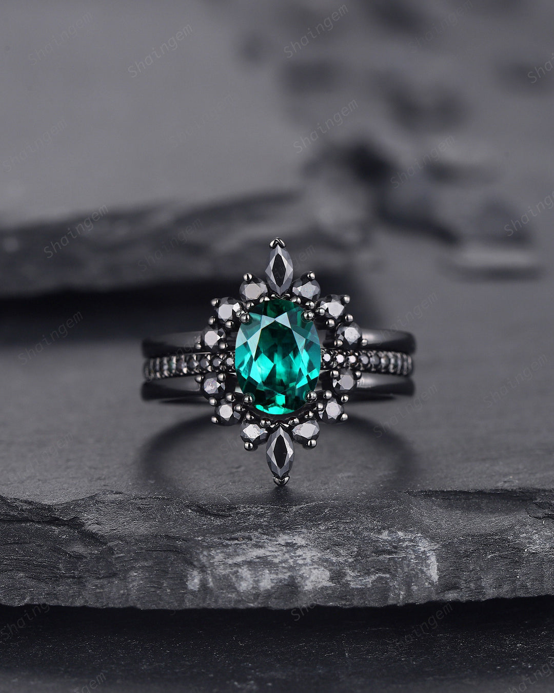 3PCS Oval Emerald Black Engagement Ring Set, Black Gold Finish Emerald Promise Ring Set, Vintage Rhodium Black Wedding Ring Gift for Her - ShainJewelry