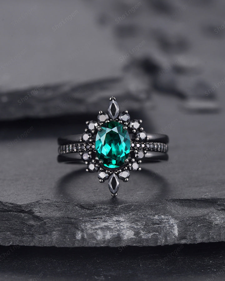 3PCS Oval Emerald Black Engagement Ring Set, Black Gold Finish Emerald Promise Ring Set, Vintage Rhodium Black Wedding Ring Gift for Her - ShainJewelry