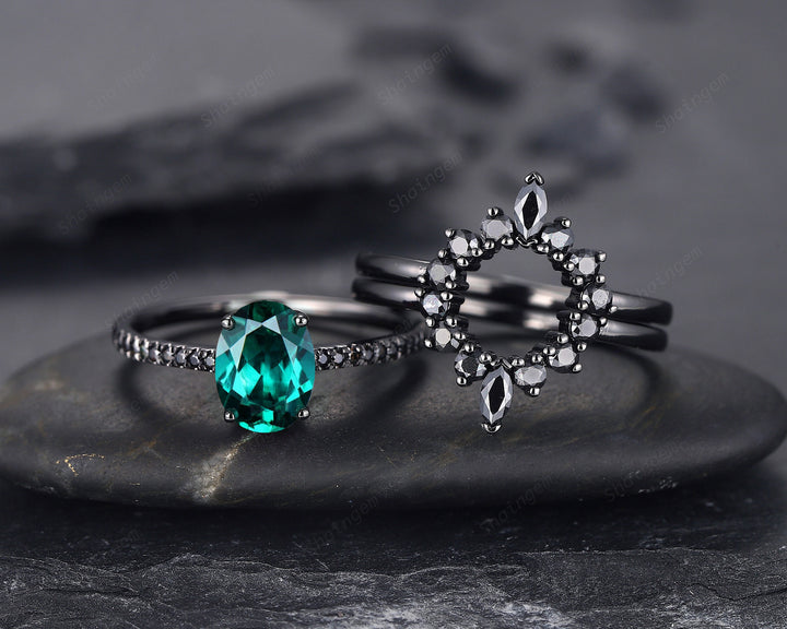 3PCS Oval Emerald Black Engagement Ring Set, Black Gold Finish Emerald Promise Ring Set, Vintage Rhodium Black Wedding Ring Gift for Her - ShainJewelry