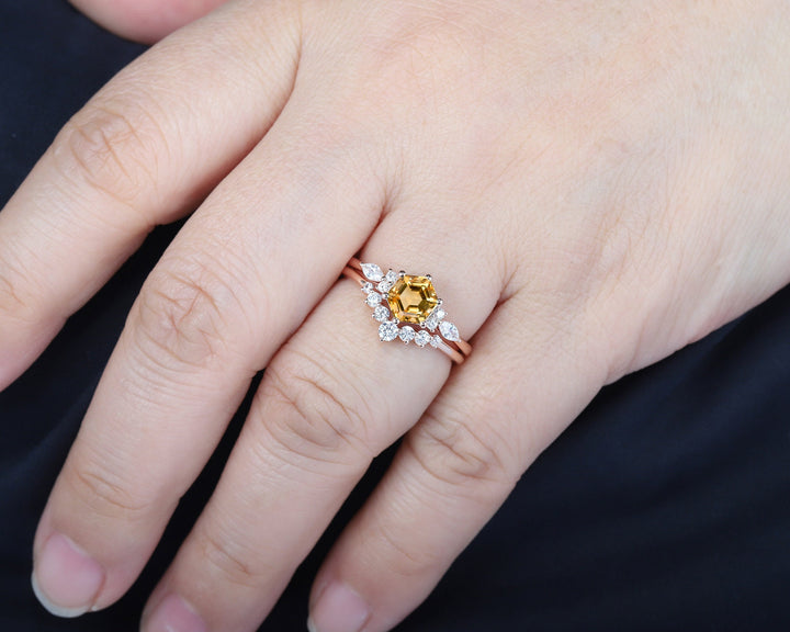 Unique Hexagon Citrine Engagement Ring Set, Vintage Yellow Citrine Wedding Ring, 14K Rose Gold Citrine Promise Ring, Art Deco Citrine Ring - ShainJewelry