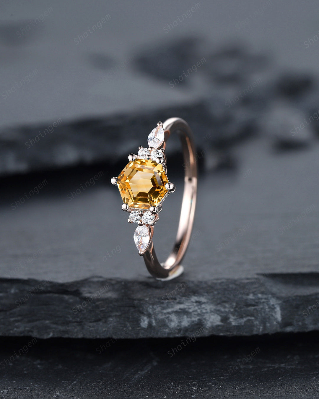 Unique Hexagon Citrine Engagement Ring Set, Vintage Yellow Citrine Wedding Ring, 14K Rose Gold Citrine Promise Ring, Art Deco Citrine Ring - ShainJewelry