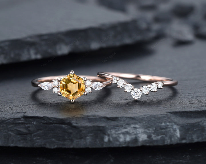 Unique Hexagon Citrine Engagement Ring Set, Vintage Yellow Citrine Wedding Ring, 14K Rose Gold Citrine Promise Ring, Art Deco Citrine Ring - ShainJewelry