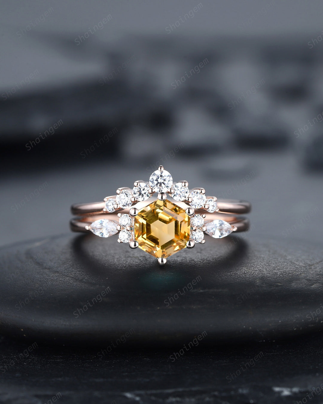 Unique Hexagon Citrine Engagement Ring Set, Vintage Yellow Citrine Wedding Ring, 14K Rose Gold Citrine Promise Ring, Art Deco Citrine Ring - ShainJewelry