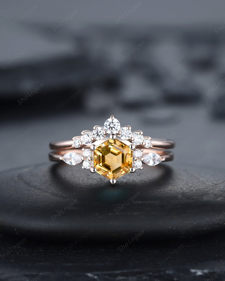 Unique Hexagon Citrine Engagement Ring Set, Vintage Yellow Citrine Wedding Ring, 14K Rose Gold Citrine Promise Ring, Art Deco Citrine Ring - ShainJewelry