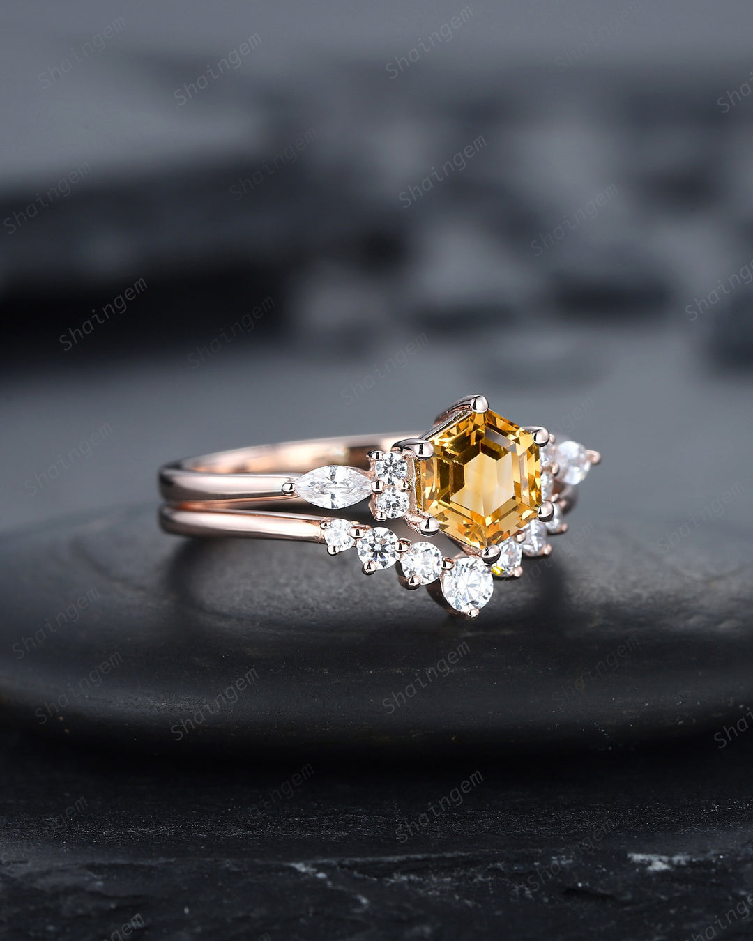 Unique Hexagon Citrine Engagement Ring Set, Vintage Yellow Citrine Wedding Ring, 14K Rose Gold Citrine Promise Ring, Art Deco Citrine Ring - ShainJewelry