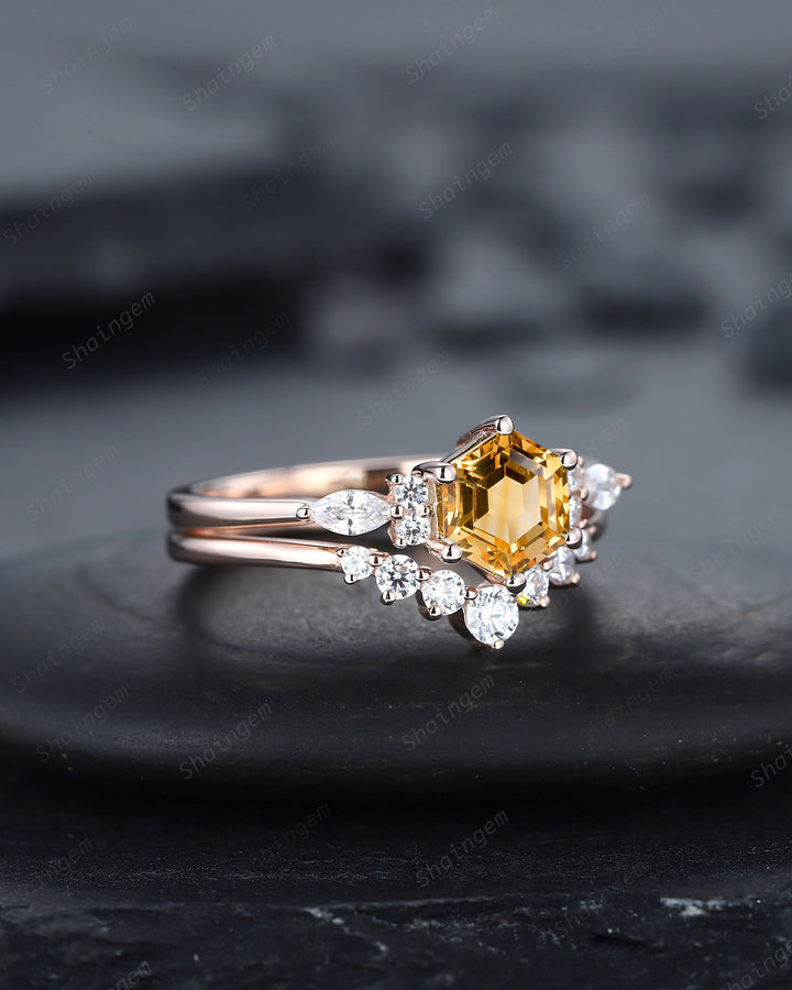 Unique Hexagon Citrine Engagement Ring Set, Vintage Yellow Citrine Wedding Ring, 14K Rose Gold Citrine Promise Ring, Art Deco Citrine Ring - ShainJewelry