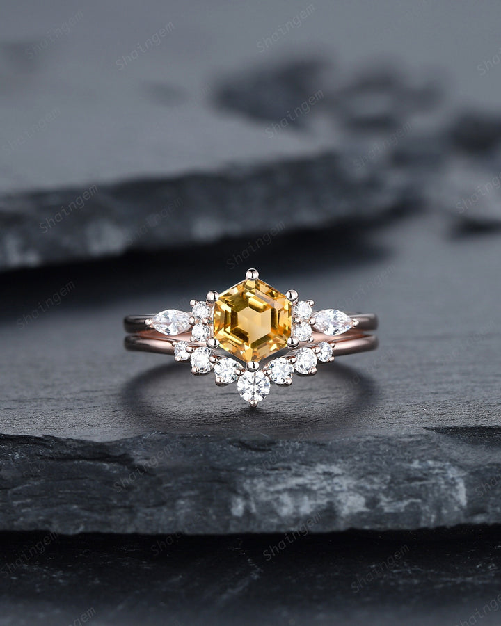Unique Hexagon Citrine Engagement Ring Set, Vintage Yellow Citrine Wedding Ring, 14K Rose Gold Citrine Promise Ring, Art Deco Citrine Ring - ShainJewelry