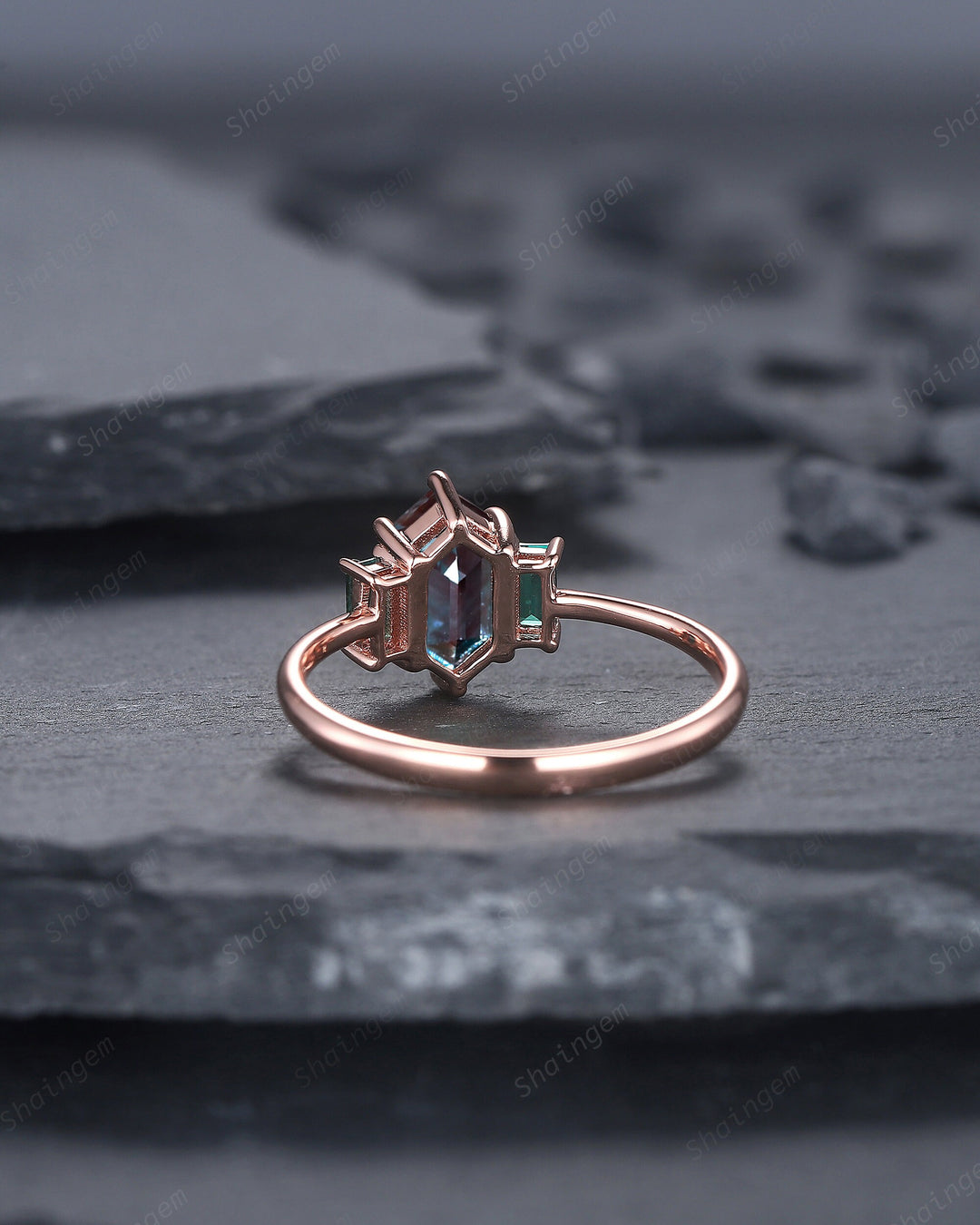 Vintage Long Hexagon Alexandrite Engagement Ring, Three Stones Wedding Ring, 14K Rose Gold Baguette Emerald Anniversary Promise Ring Gift - ShainJewelry