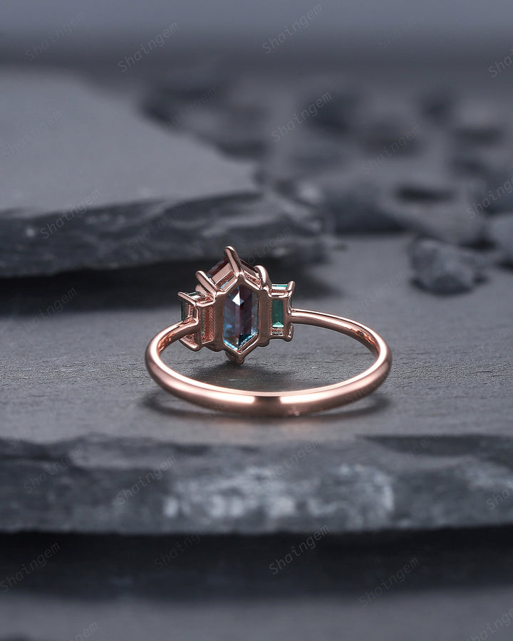 Vintage Long Hexagon Alexandrite Engagement Ring, Three Stones Wedding Ring, 14K Rose Gold Baguette Emerald Anniversary Promise Ring Gift - ShainJewelry