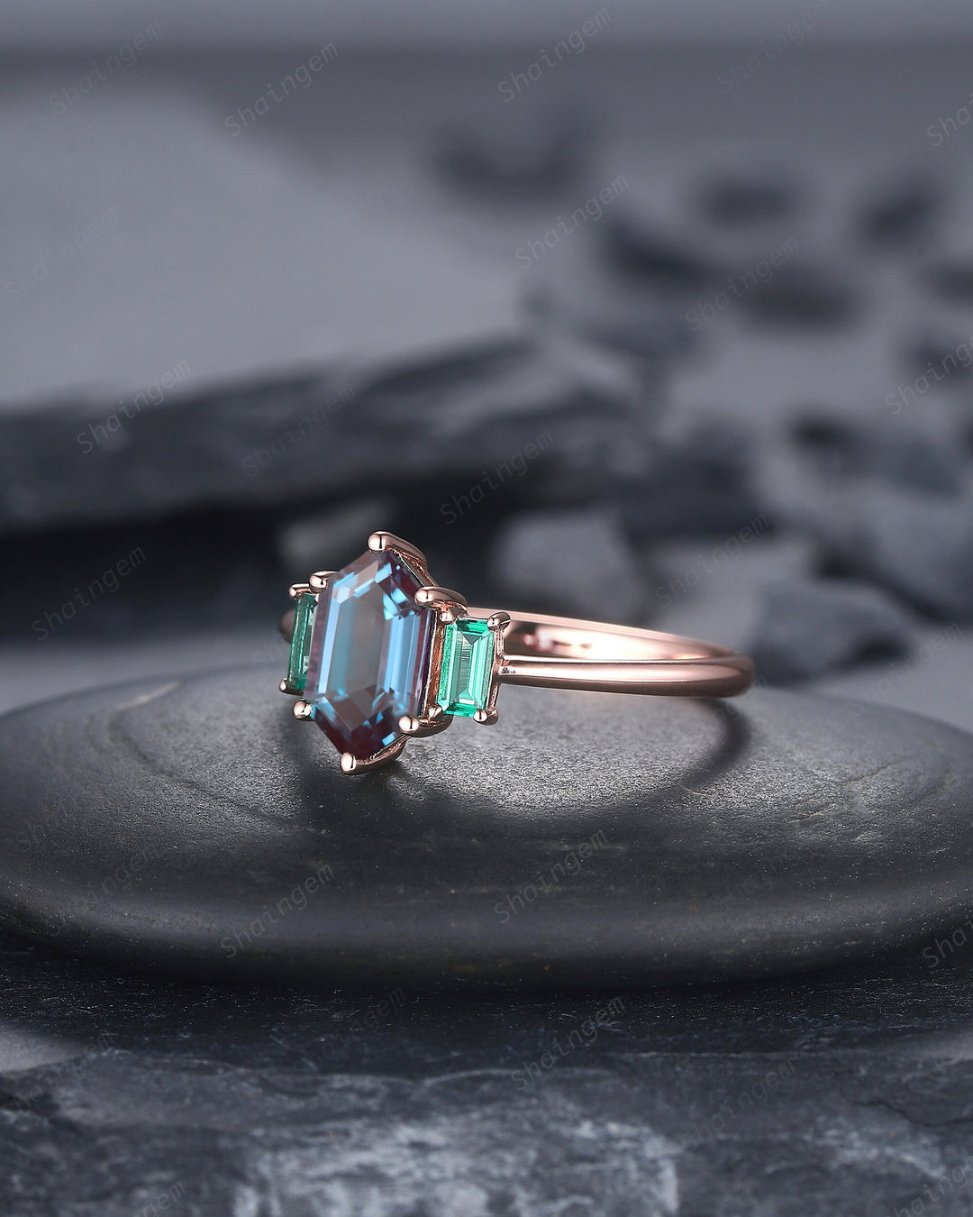 Vintage Long Hexagon Alexandrite Engagement Ring, Three Stones Wedding Ring, 14K Rose Gold Baguette Emerald Anniversary Promise Ring Gift - ShainJewelry