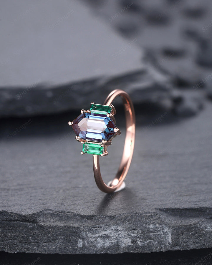 Vintage Long Hexagon Alexandrite Engagement Ring, Three Stones Wedding Ring, 14K Rose Gold Baguette Emerald Anniversary Promise Ring Gift - ShainJewelry