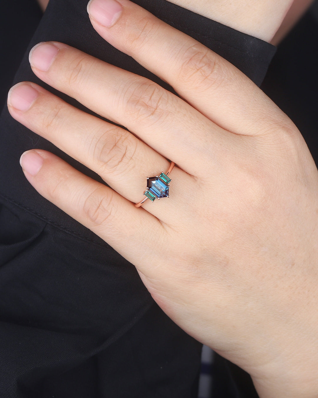 Vintage Long Hexagon Alexandrite Engagement Ring, Three Stones Wedding Ring, 14K Rose Gold Baguette Emerald Anniversary Promise Ring Gift - ShainJewelry