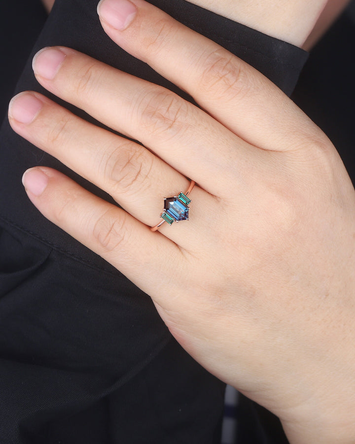 Vintage Long Hexagon Alexandrite Engagement Ring, Three Stones Wedding Ring, 14K Rose Gold Baguette Emerald Anniversary Promise Ring Gift - ShainJewelry