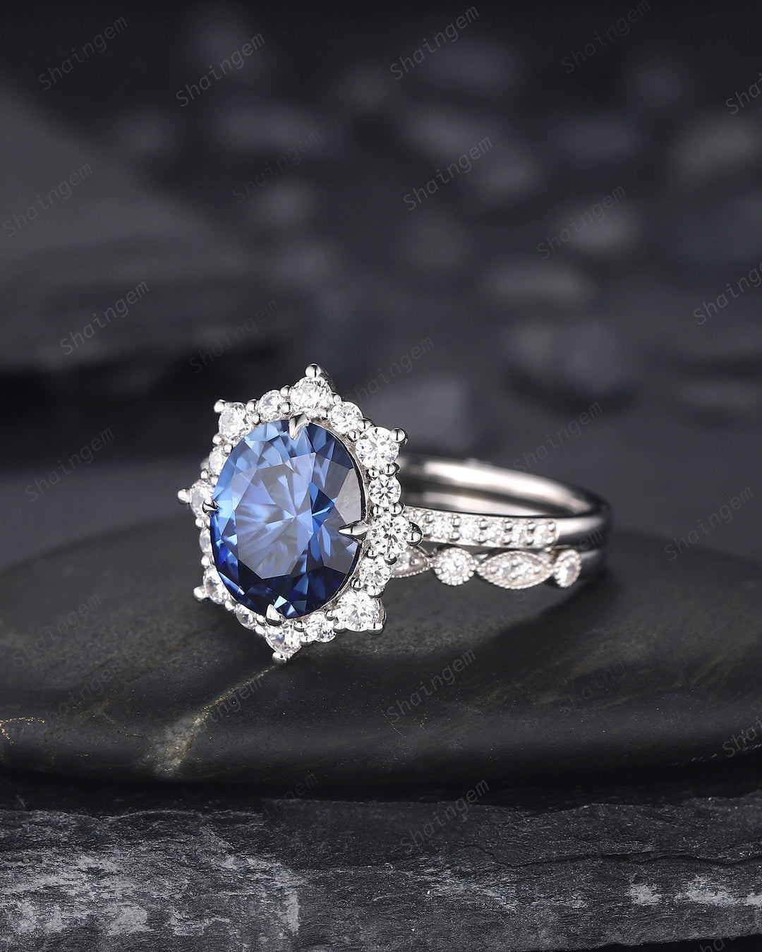 Oval Shape Cornflower Blue Sapphire Engagement Ring Set 14K 18K White Gold Sapphire Halo Promise Wedding Ring Bridal Set, Floral Wedding set - ShainJewelry