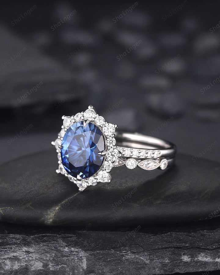Oval Shape Cornflower Blue Sapphire Engagement Ring Set 14K 18K White Gold Sapphire Halo Promise Wedding Ring Bridal Set, Floral Wedding set - ShainJewelry