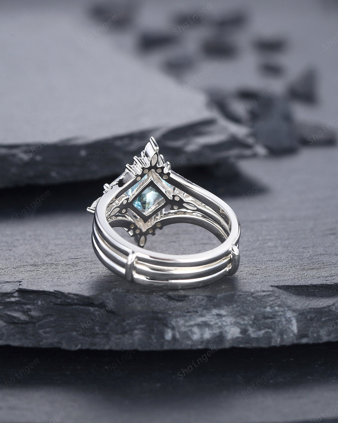 Princess Cut Aquamarine Bridal Set, Vintage Natural Blue Aquamarine Engagement Ring Enhancer Dual Band Wedding Set White Gold Promise Ring - ShainJewelry
