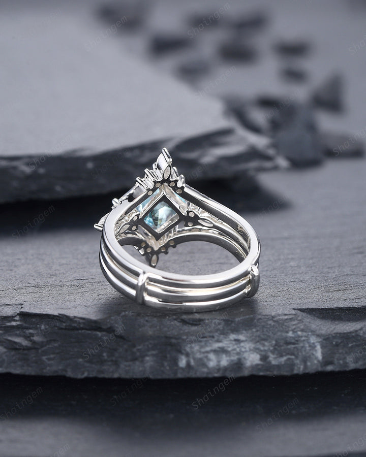 Princess Cut Aquamarine Bridal Set, Vintage Natural Blue Aquamarine Engagement Ring Enhancer Dual Band Wedding Set White Gold Promise Ring - ShainJewelry