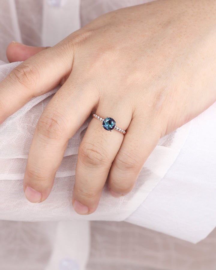 Unique Round Shape Alexandrite and Diamond Engagement Ring, Vintage 14K Rose Gold Alexandrite Promise Ring June Birthstone Wedding Ring Gift - ShainJewelry