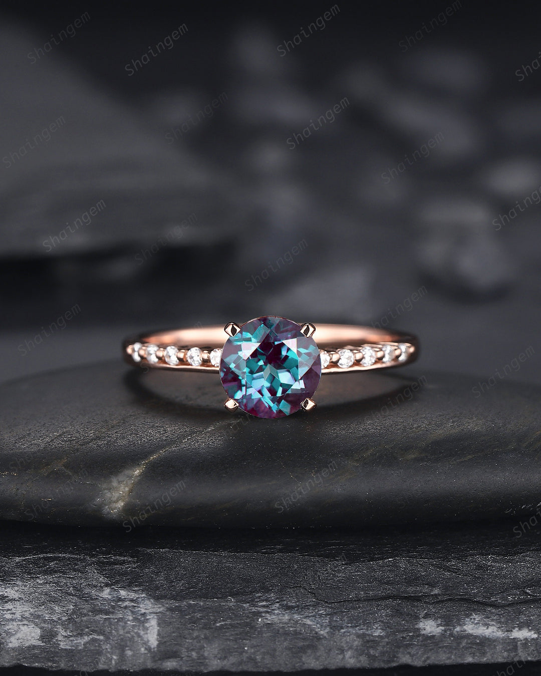 Unique Round Shape Alexandrite and Diamond Engagement Ring, Vintage 14K Rose Gold Alexandrite Promise Ring June Birthstone Wedding Ring Gift - ShainJewelry