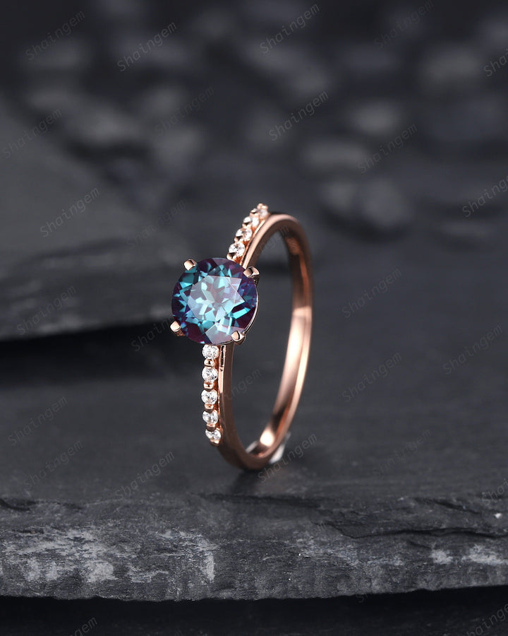 Unique Round Shape Alexandrite and Diamond Engagement Ring, Vintage 14K Rose Gold Alexandrite Promise Ring June Birthstone Wedding Ring Gift - ShainJewelry